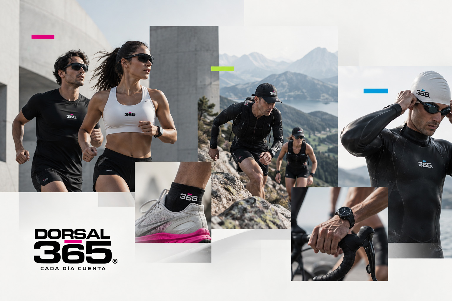 Moodboard editorial de Dorsal 365 que reúne RUN, TRAIL y TRI